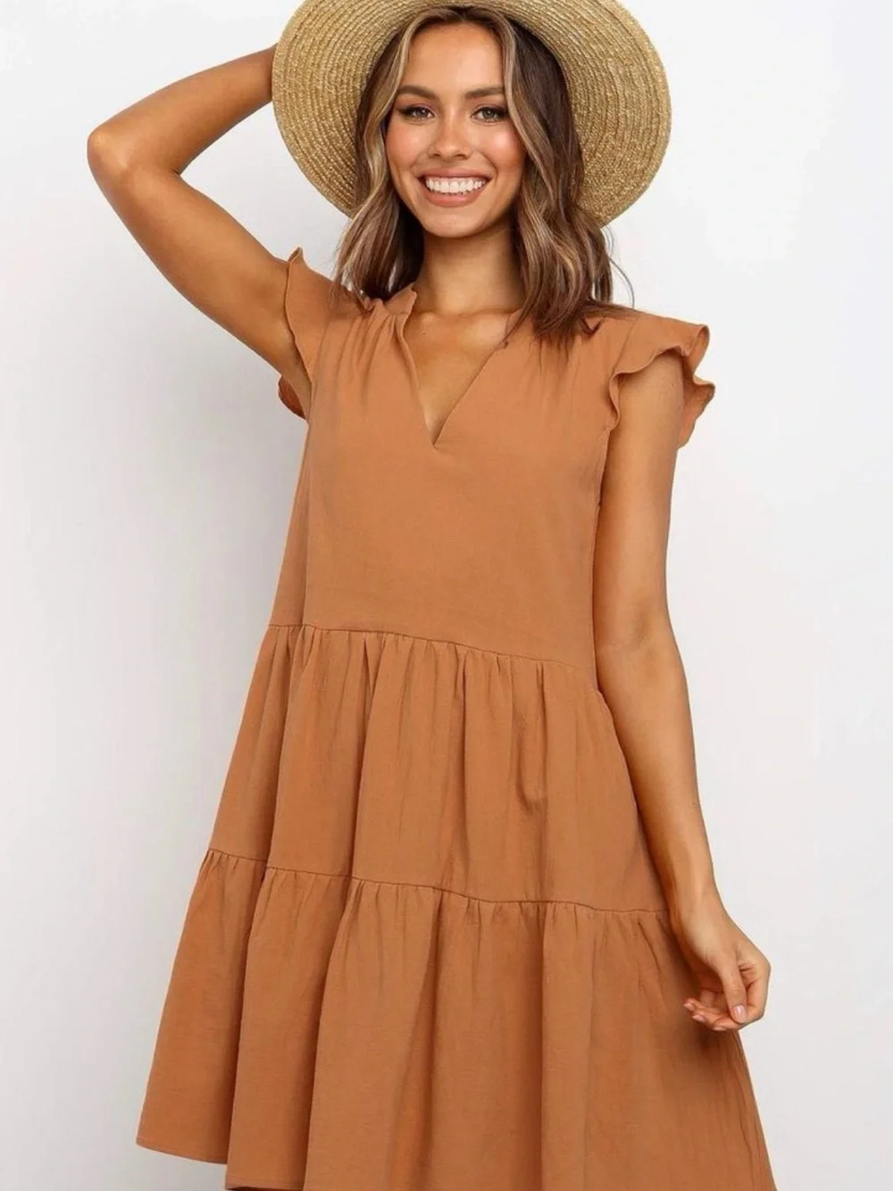 Goodthreads Rust Linen Blend Tiered Flutter Sleeve Mini Dress Pockets XS - Picture 2 of 9